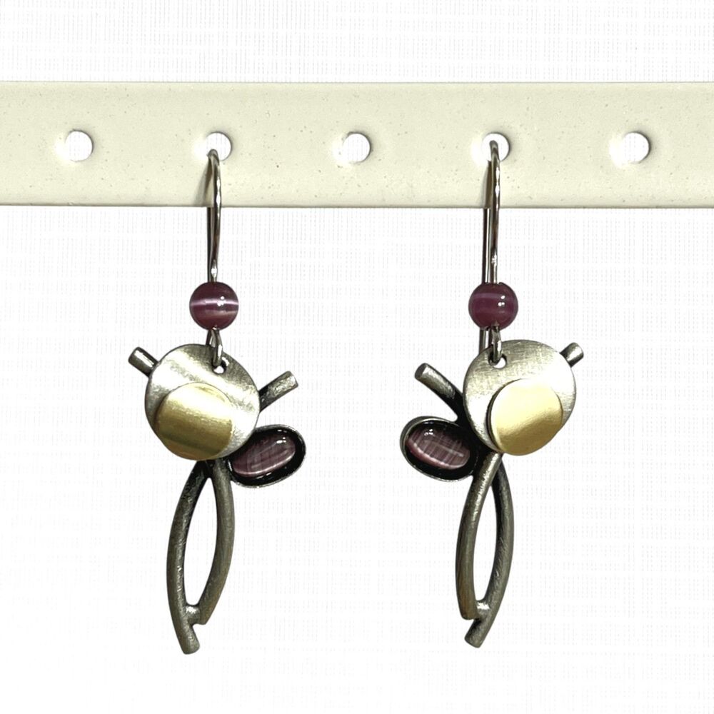 Christophe Poly Dangle Earrings Purple Glass Stone Wire Hook Geometric Modernist